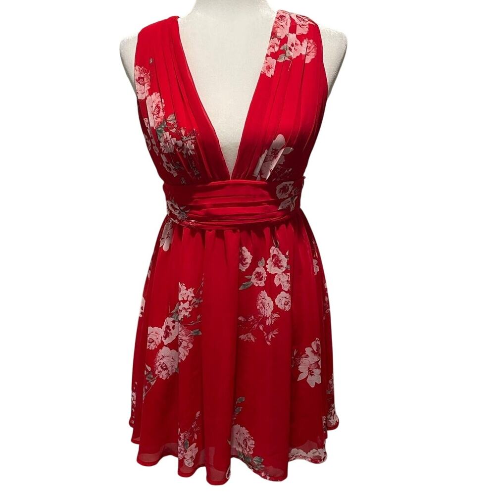 Lulus Milana Red Floral Mini Dress Sz S Ruched Plunge Neckline Flirty Party